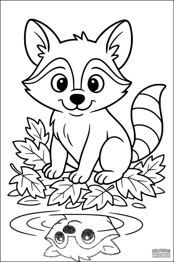 Coloring page of a cartoon raccoon sitting on leaves by a pond with its reflection