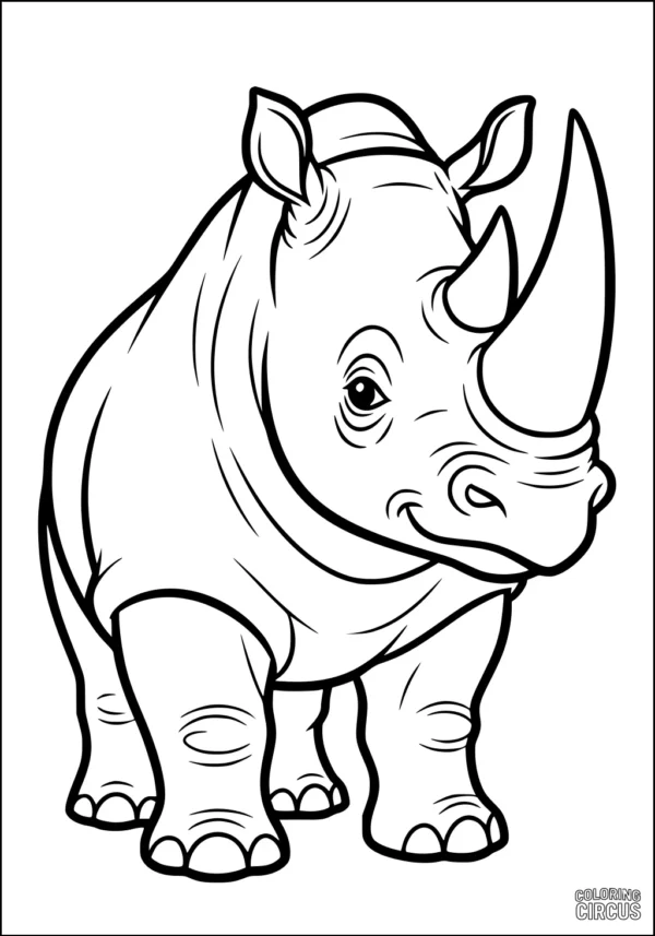 Coloring page featuring a friendly cartoon rhinoceros, perfect for young children