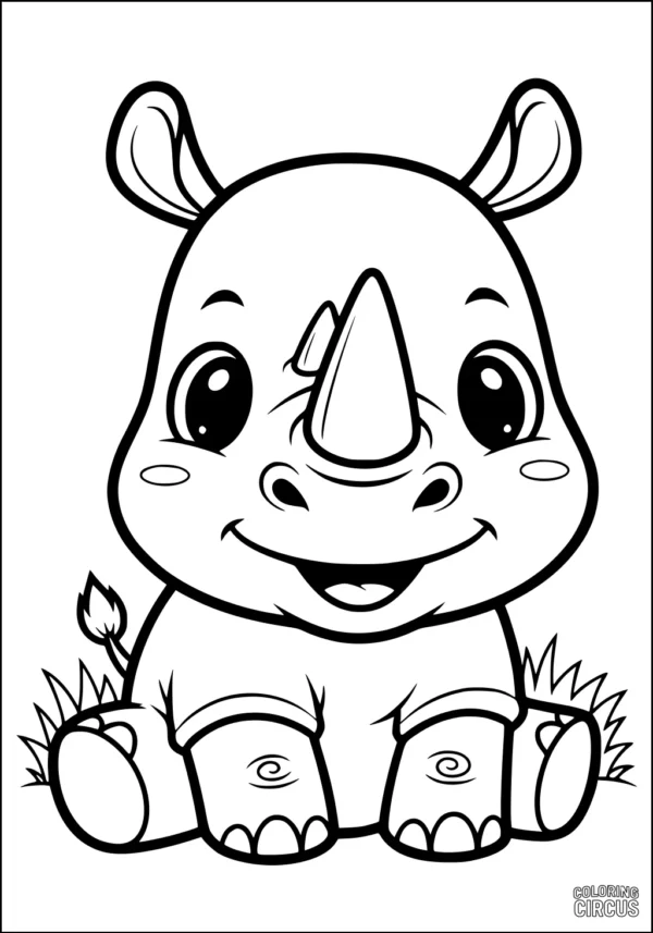 Coloring page featuring a smiling cartoon rhinoceros sitting in grass with big eyes.