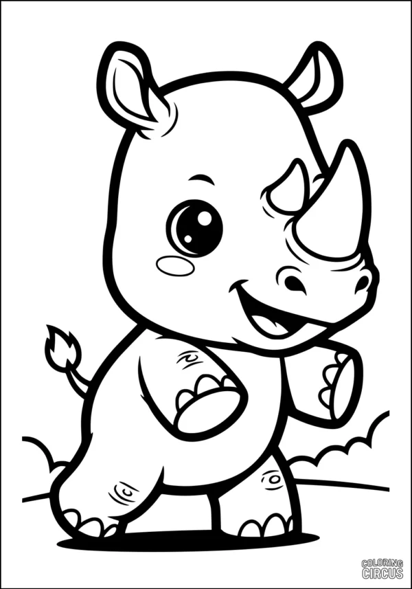 Coloring page featuring a cute cartoon rhinoceros standing and smiling on a sunny field.