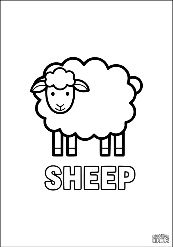 Coloring page featuring a simple cartoon sheep with the word sheep underneath