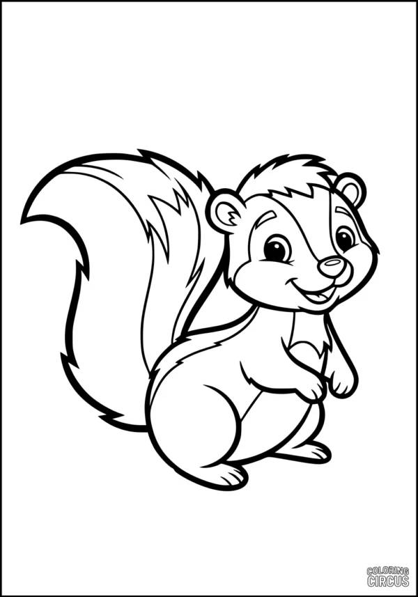 Coloring page featuring a happy cartoon skunk with a fluffy tail