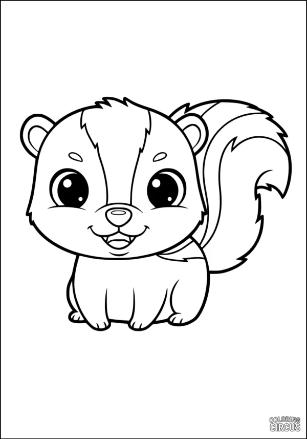 Coloring page featuring a cute cartoon skunk sitting and smiling