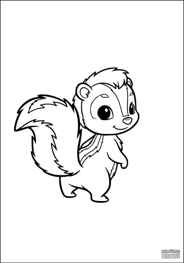 Coloring page of a cartoon skunk with a smiling face and big fluffy tail