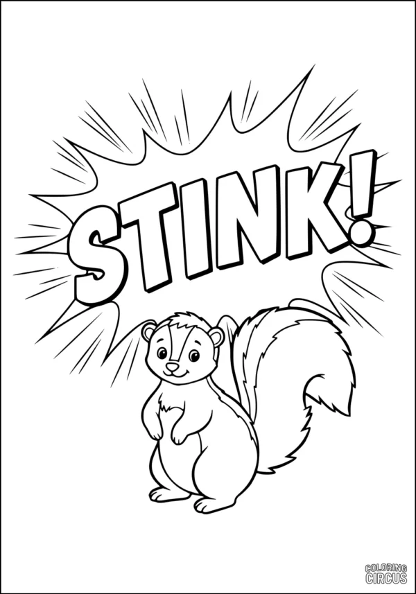 Coloring page featuring a cute cartoon skunk with a bold 'stink' sign and comic-style effects.