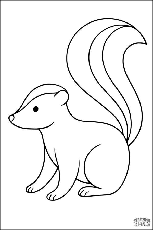 Coloring page showing a cute skunk with large fluffy tail sitting calmly, suitable for young children.