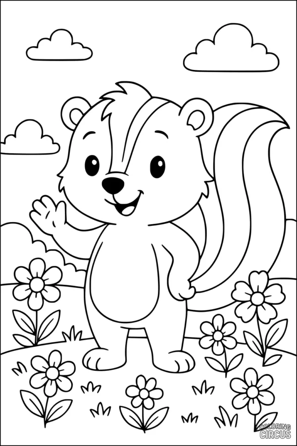 Coloring page featuring a smiling skunk waving in a meadow with flowers and clouds