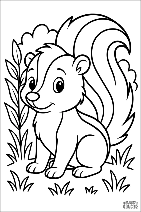 Coloring page showing a cartoon skunk sitting in the grass with trees and plants in the background.