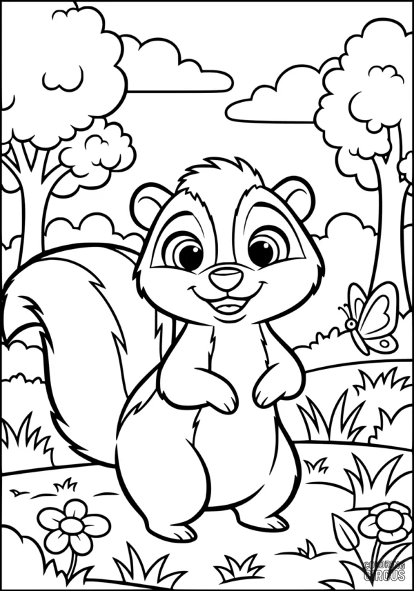 Coloring page featuring a happy cartoon skunk with a butterfly in a nature scene