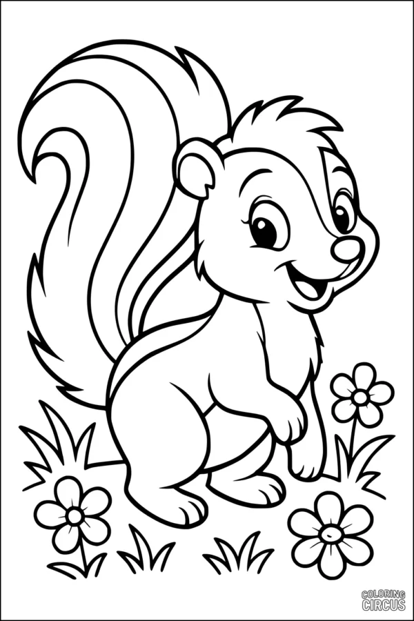 Coloring page of a smiling cartoon skunk with flowers in a meadow