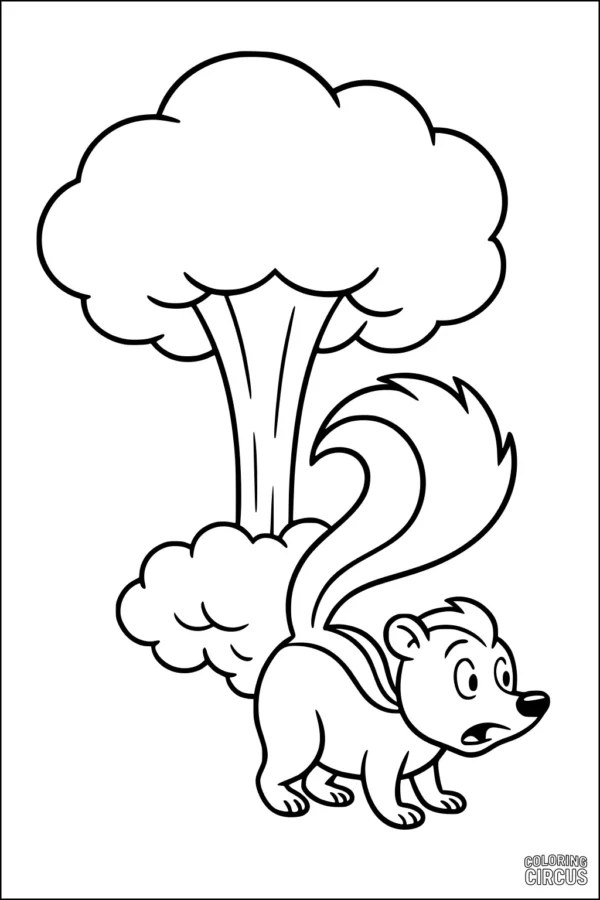Coloring page featuring a cartoon skunk surprised beside a large puff of mist