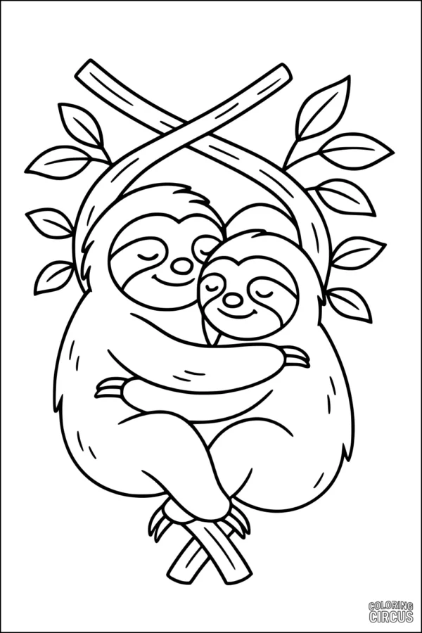 Coloring page of two sloths hugging on a tree branch with leaves, designed for young children
