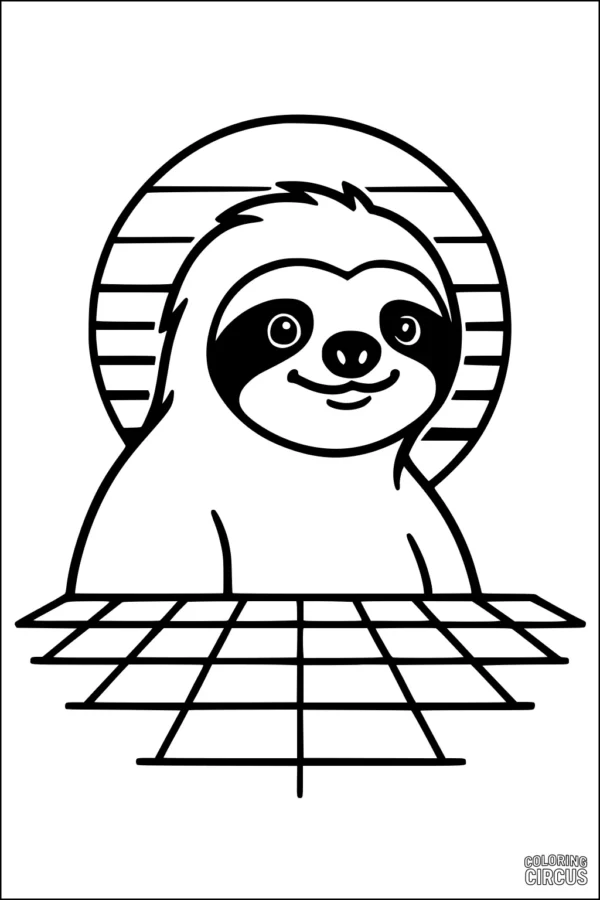 Coloring page featuring a smiling sloth sitting on a checkered table with a striped sun in the background