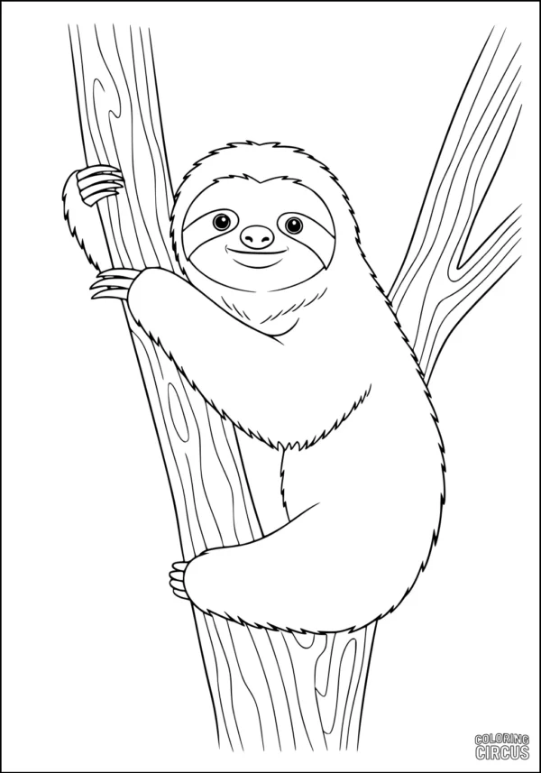 Coloring page of a friendly sloth hanging on a tree branch with a big smile, suitable for young children and animal lovers