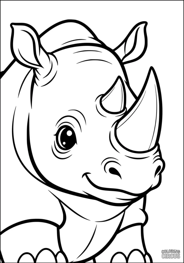 Coloring page featuring a friendly cartoon rhinoceros with a big horn and cheerful expression
