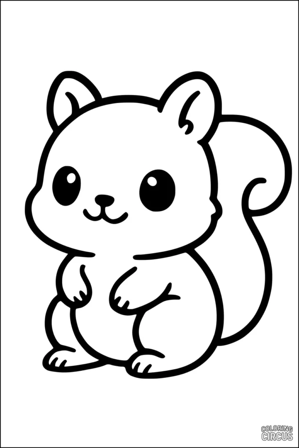 Coloring page of a cartoon squirrel sitting with a fluffy tail