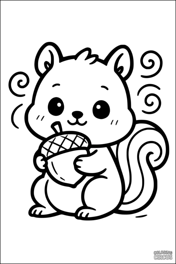 Coloring page of a cute squirrel holding a large acorn with swirly tail details