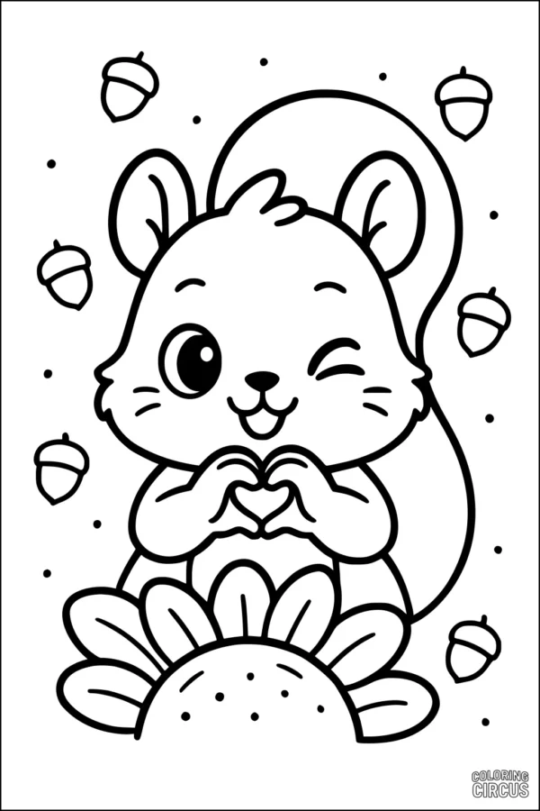 Coloring page of a smiling cartoon squirrel making a heart shape with its paws, surrounded by acorns and a large flower