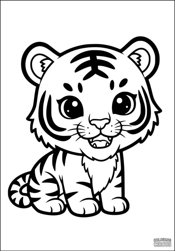 Coloring page of a smiling cartoon tiger cub with big eyes and bold stripes