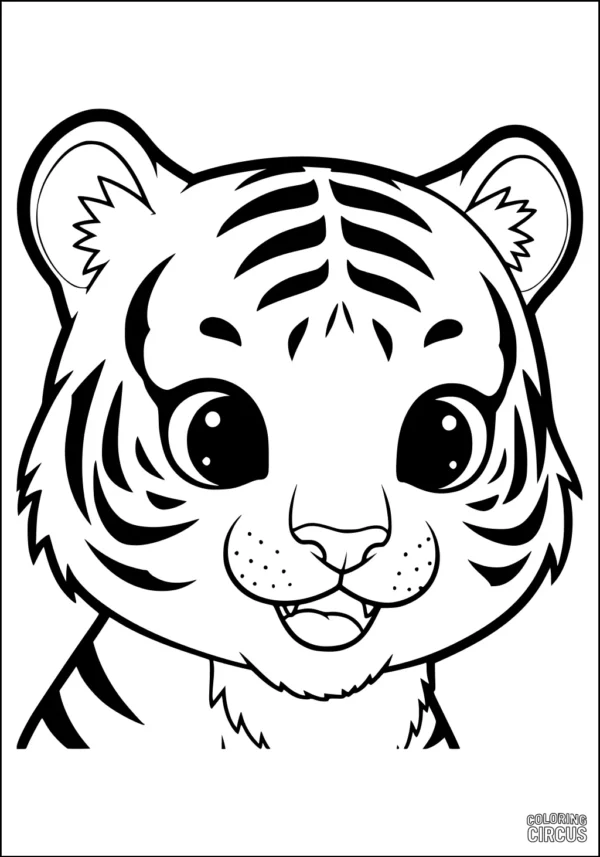 Coloring page featuring a friendly cartoon tiger cub face with big eyes and detailed stripes
