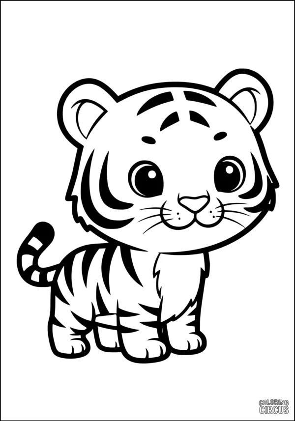 Coloring page of an adorable cartoon tiger cub with big eyes and bold stripes, perfect for young children