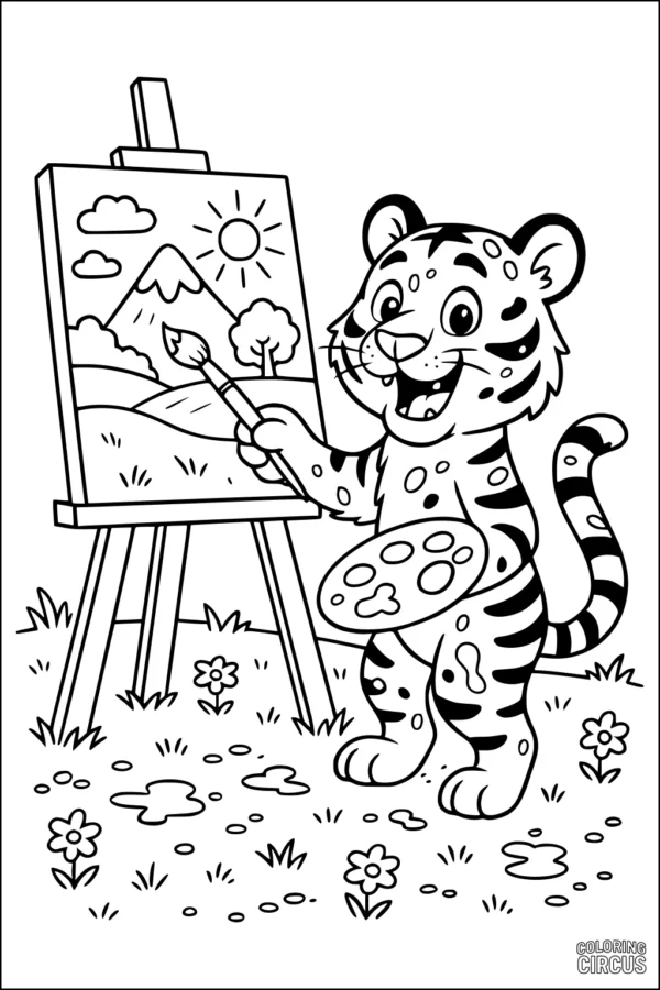 Coloring page of a happy tiger painting on an easel outdoors with a scenic background