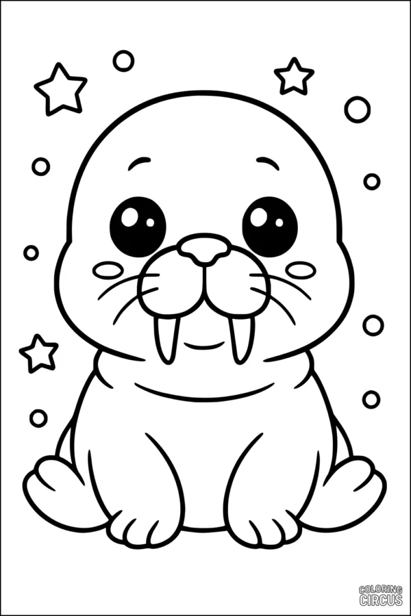 Coloring page showing a cute cartoon walrus with stars and bubbles, ideal for young children