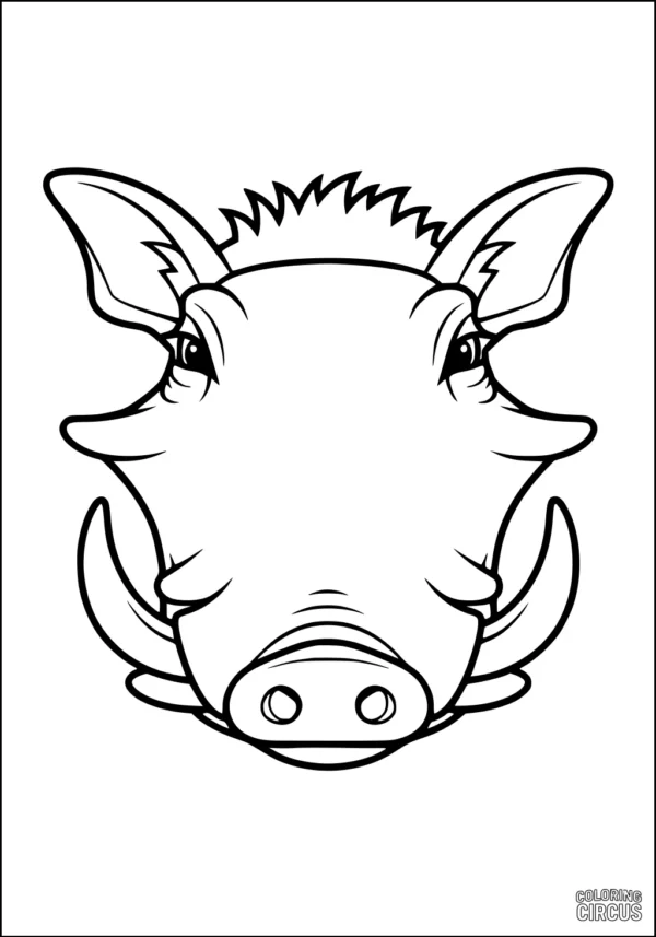 Coloring page shows a friendly cartoon warthog head with big tusks and expressive eyes