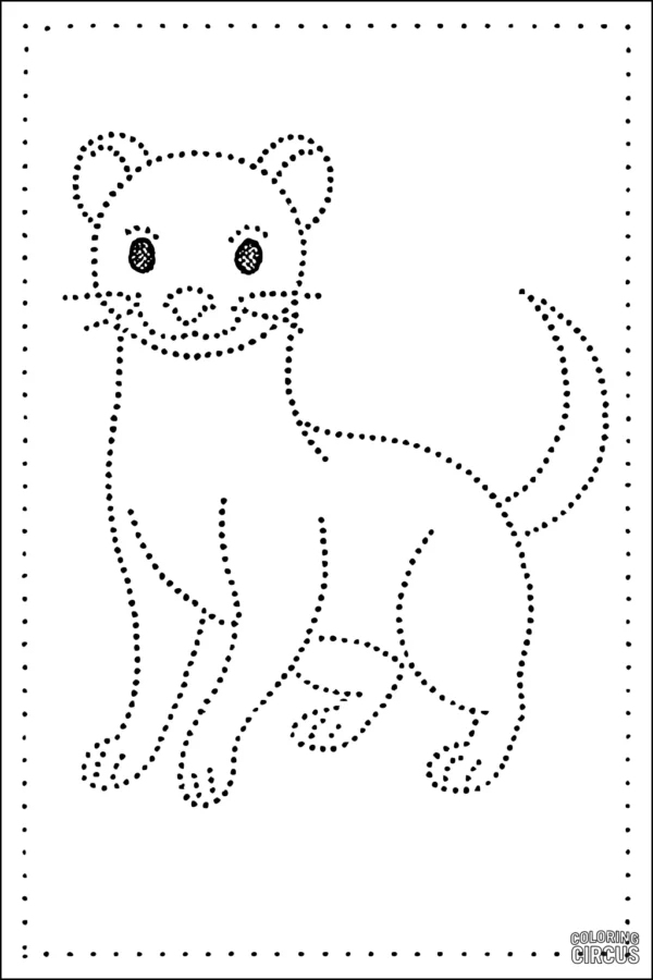 Coloring page featuring a friendly cartoon weasel in dotted lines for tracing