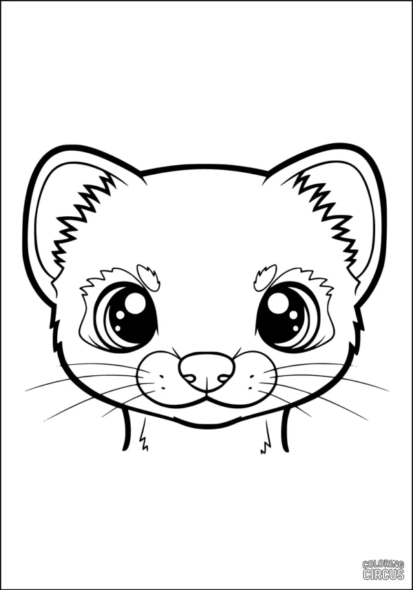 Coloring page showing a large-eyed, cartoon weasel face for kids