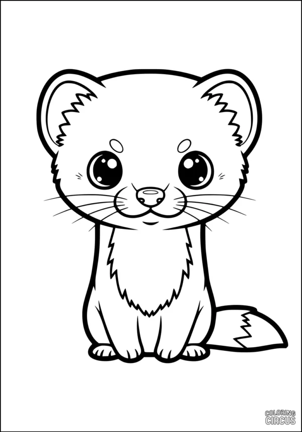 Coloring page of a cute cartoon weasel with big eyes sitting calmly
