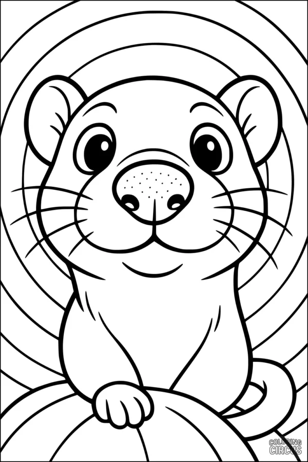 Coloring page with a cute cartoon weasel sitting on a pumpkin with circular patterns in the background.