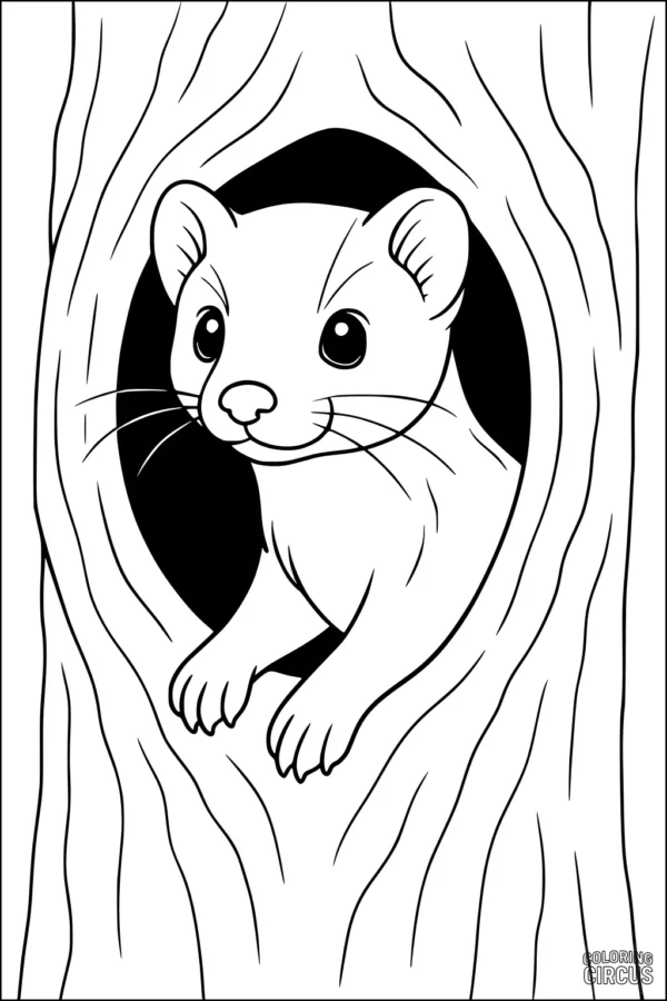 Coloring page shows a cartoon weasel peeking playfully from a hole in a tree, easy lines for kids.