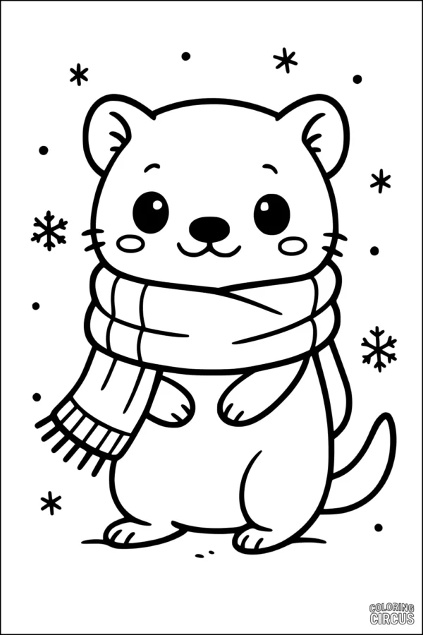 Coloring page of a cute weasel wearing a scarf with snowflakes in the background