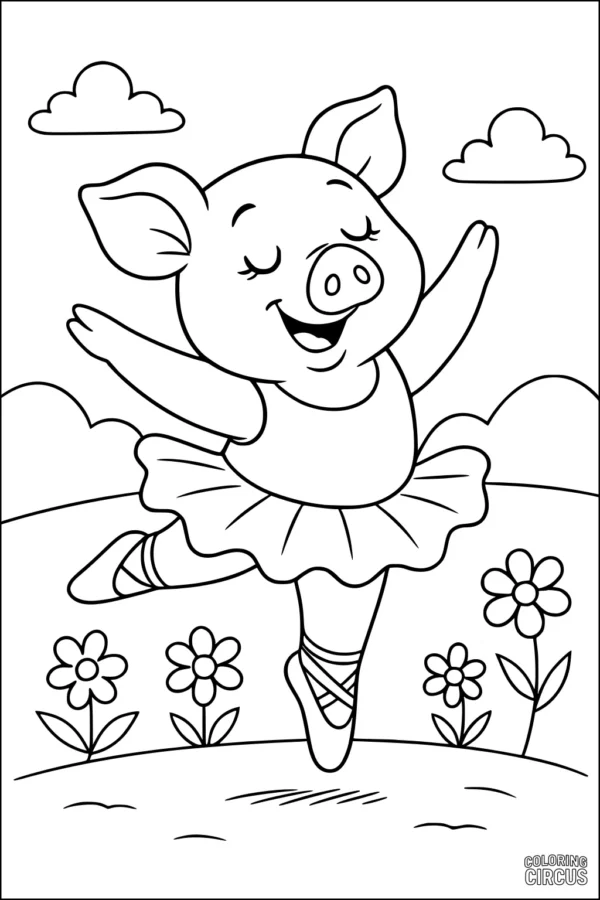 Coloring page featuring a cute pig in a tutu performing ballet in a meadow with flowers and clouds
