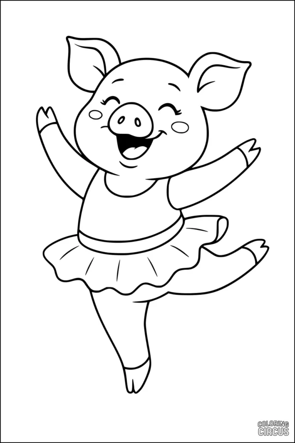 Coloring page of a joyful cartoon piglet dancing in a tutu