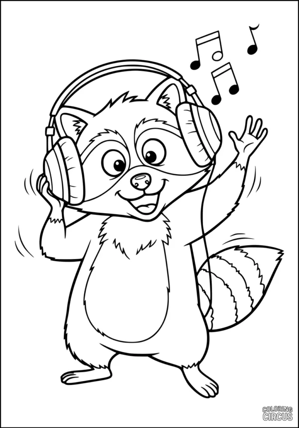 Coloring page raccoon wearing headphones dancing with music notes