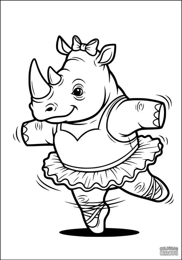 Coloring page featuring a cartoon rhinoceros in a tutu and ballet shoes, spinning gracefully.