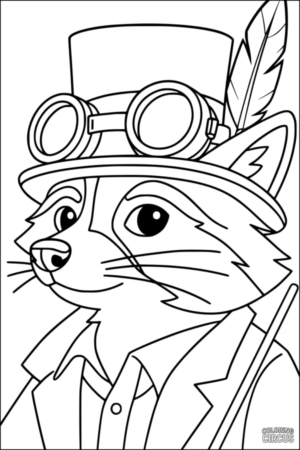 Coloring page featuring a cartoon raccoon wearing a top hat with goggles and a feather, dressed in a jacket