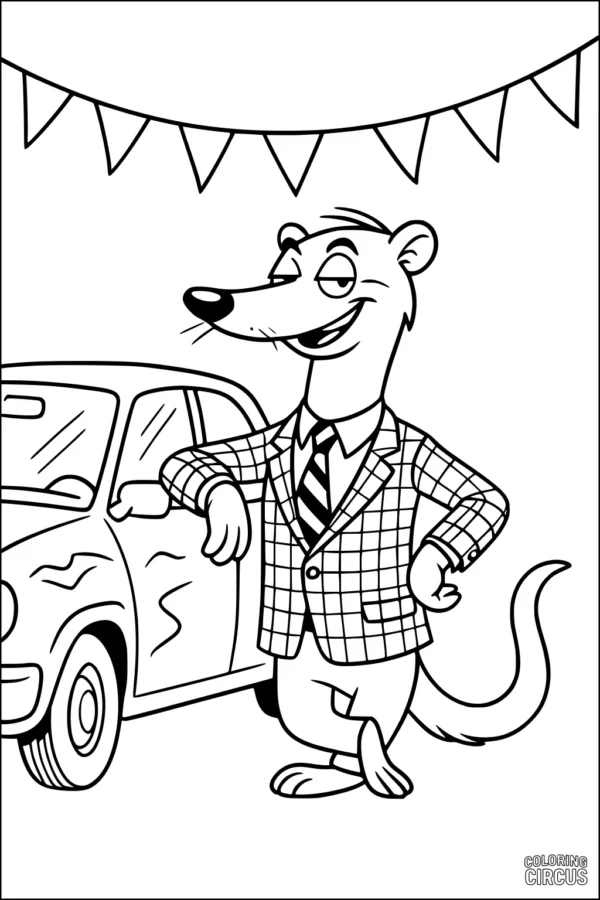 Coloring page featuring a cartoon weasel in a checkered jacket leaning on a car under party banners