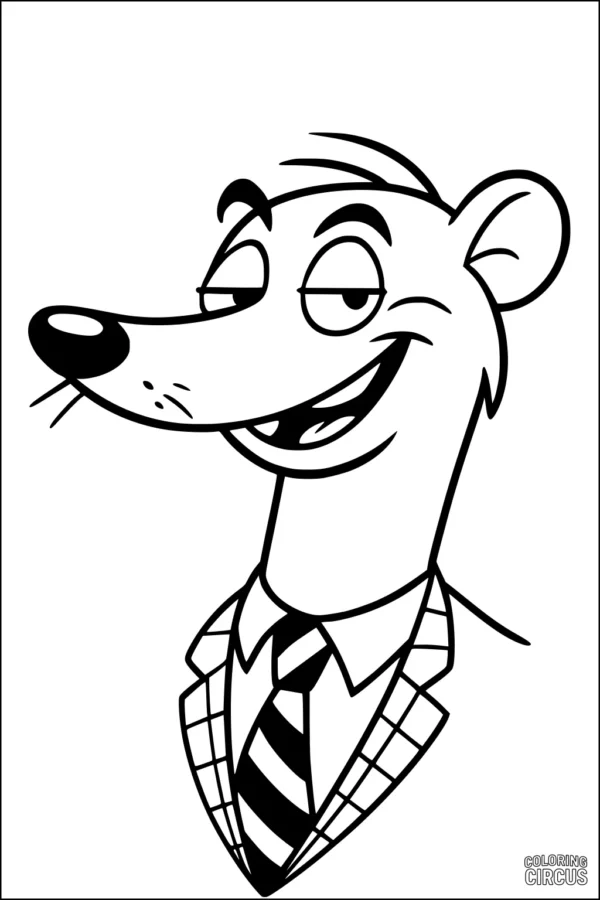 Coloring page featuring a cartoon weasel in a suit and tie, great for kids