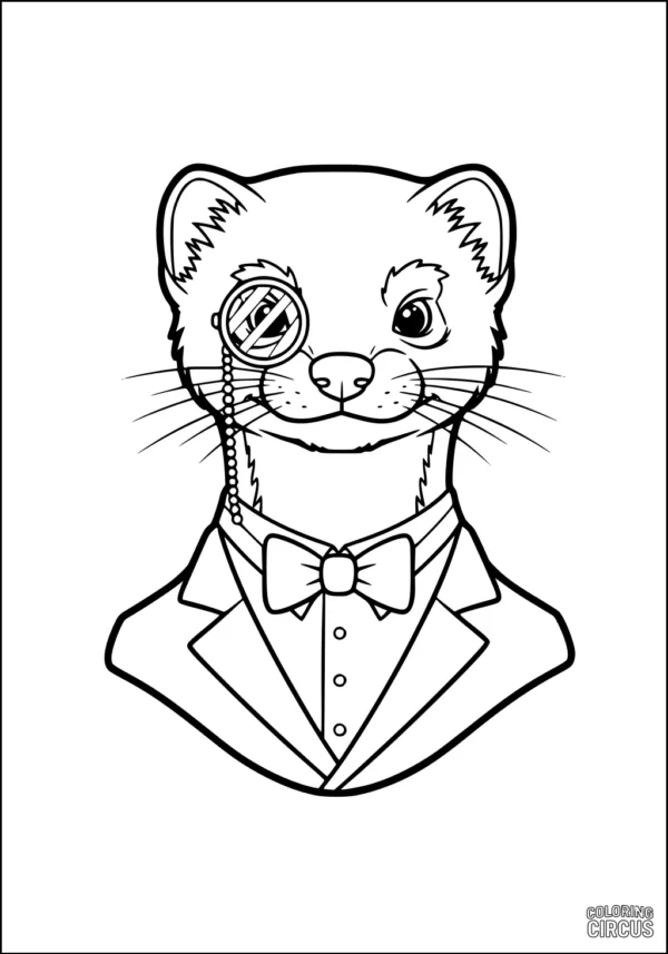 Coloring page of a weasel in a suit and bow tie with a monocle