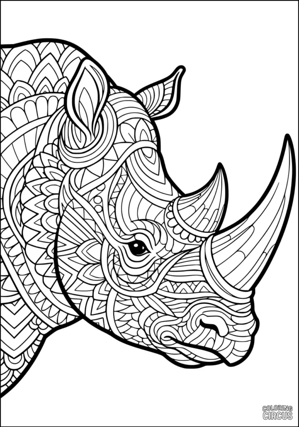 Coloring page featuring intricate mandala patterns on a rhinoceros head