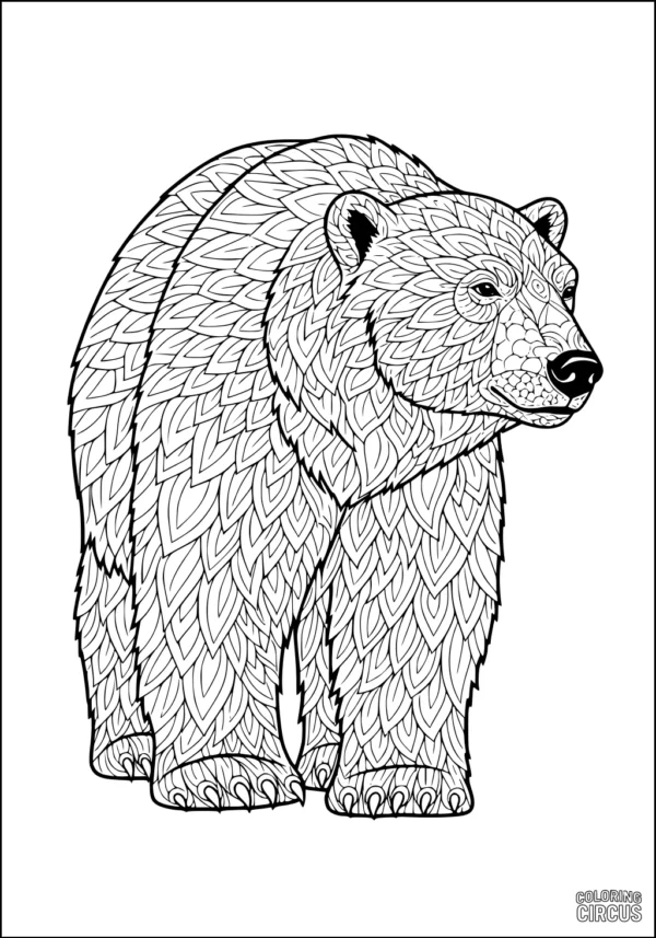 Coloring page of a polar bear with intricate patterned fur for kids and adults