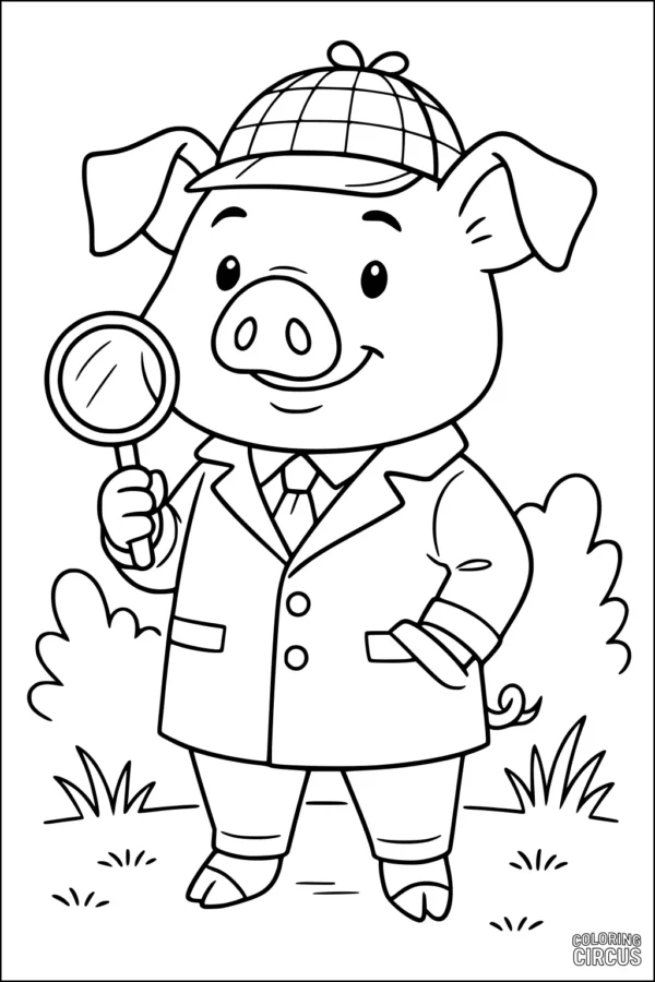 Coloring page showing a cartoon detective pig in a coat and hat holding a magnifying glass outdoors