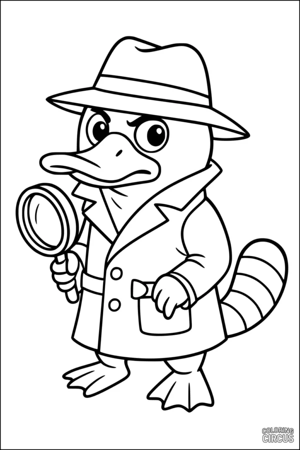 Coloring page featuring a cartoon platypus dressed as a detective in a trench coat and hat, holding a magnifying glass