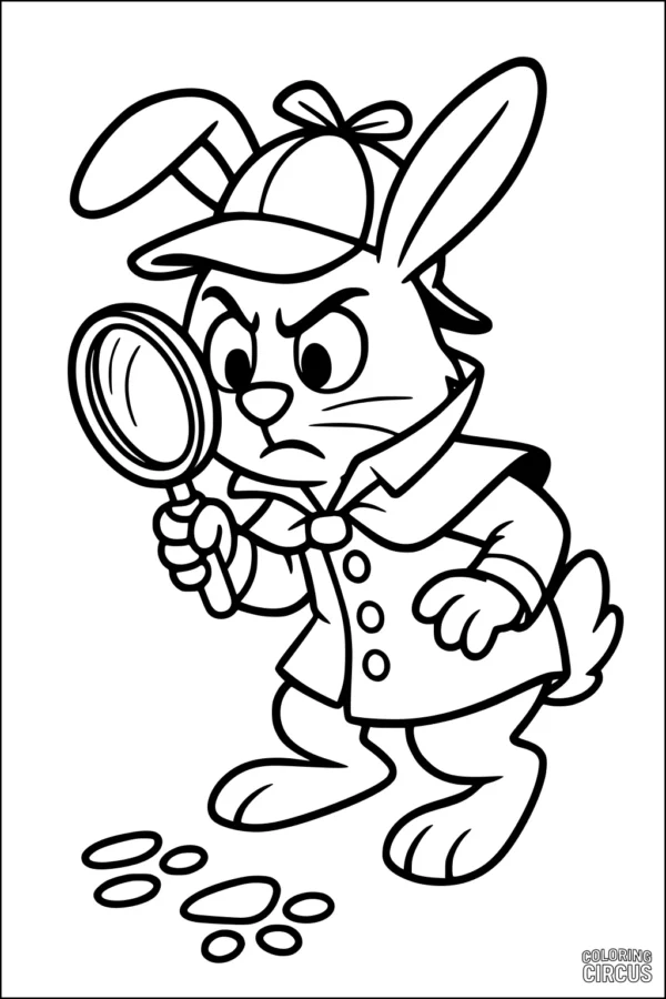Coloring page showing a detective rabbit examining footprints with a magnifying glass