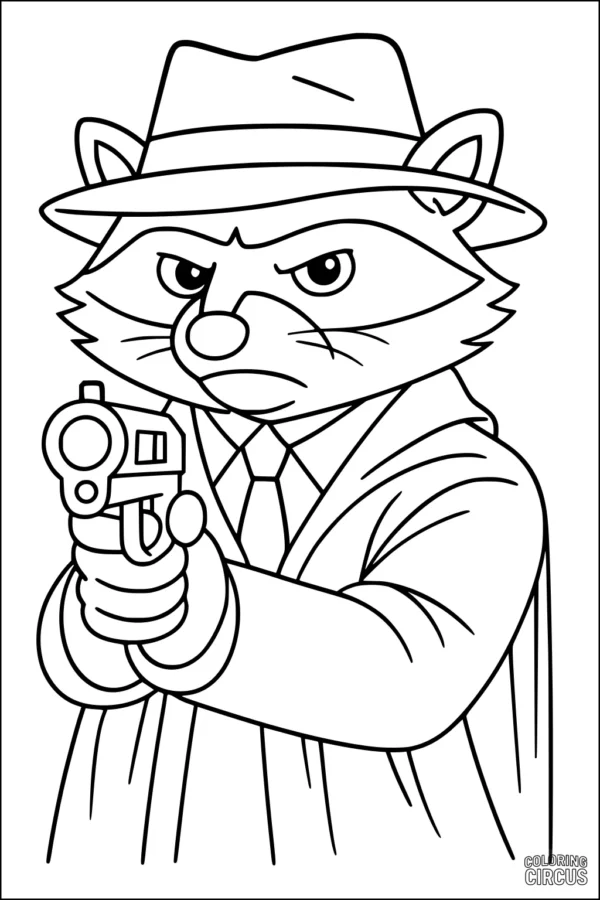 Coloring page of a cartoon raccoon dressed as a detective in a coat and hat, holding a toy detective gadget