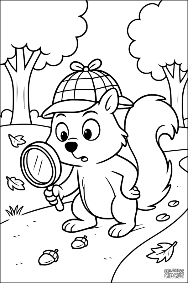 Coloring page with a cartoon squirrel detective holding a magnifying glass, following acorns and leaves in a forest