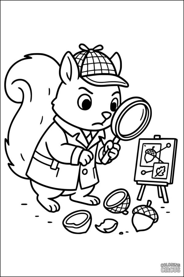 Coloring page of a cartoon squirrel detective examining cracked acorns and clue board with magnifying glass